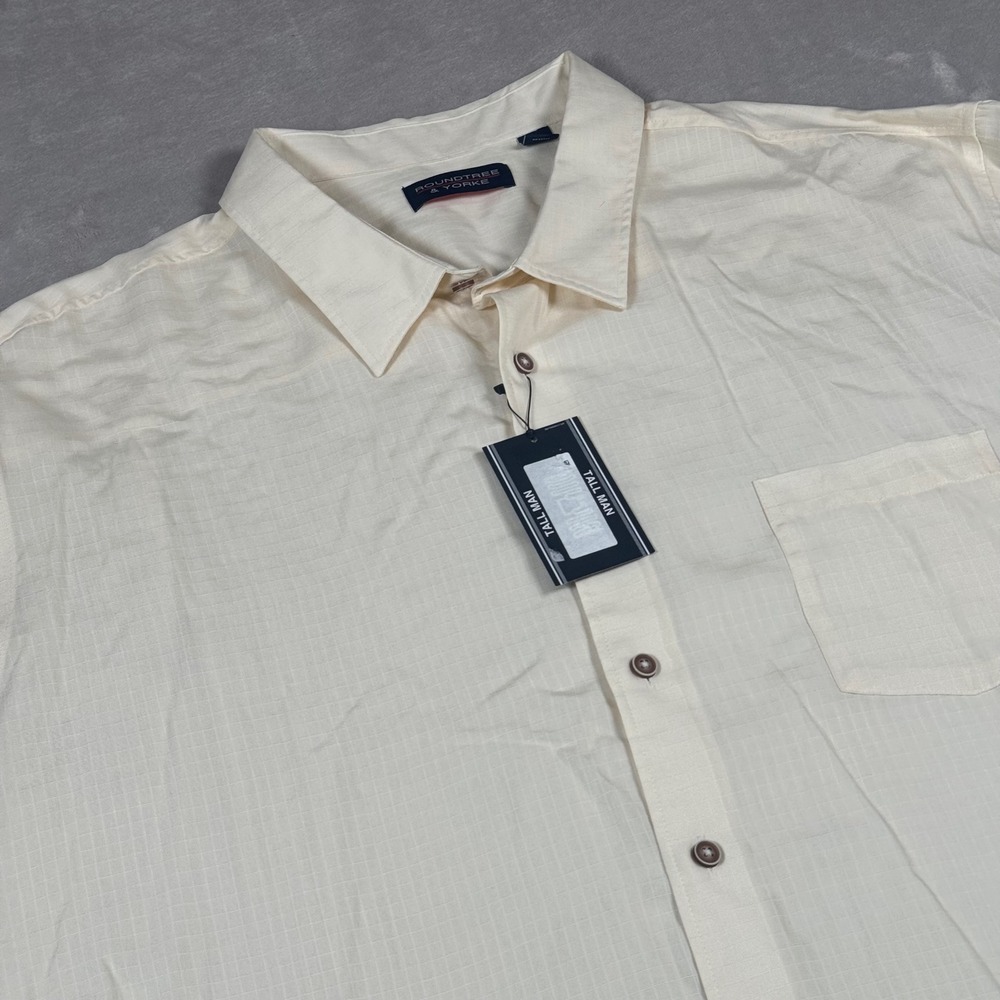 Roundtree & Yorke Button Down Shirt Mens 4XT Cream Grid Lyocell Short Sleeve